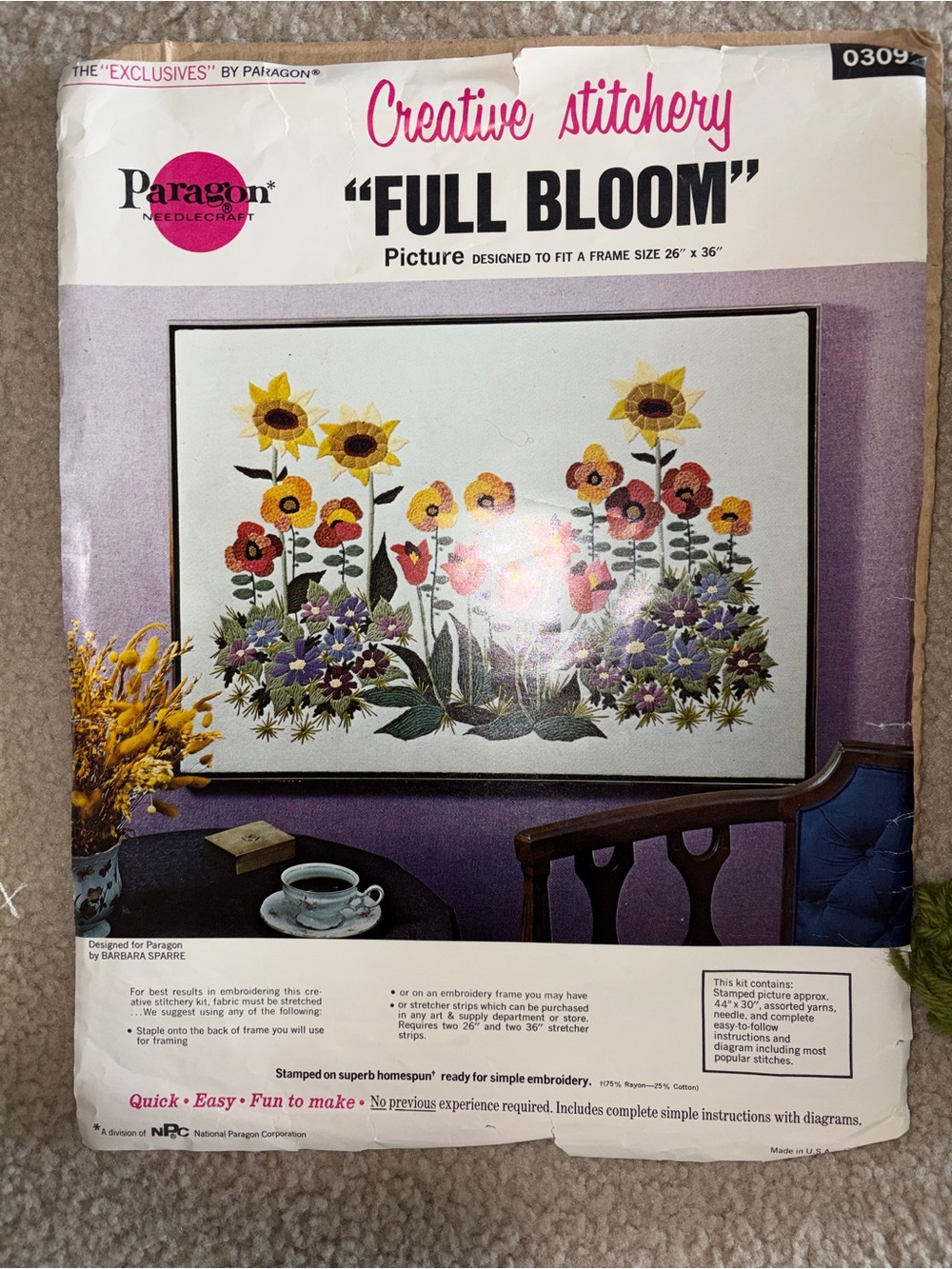 'Full Bloom' Embroidery/Cross-Stitch Kit with Multicolor Floss